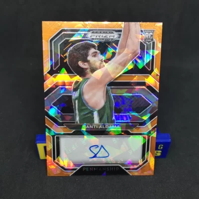 2021-22 Panini Prizm Draft Picks College Penmanship Prizms Orange Ice #35 Santi Aldama RC kosaras kártya